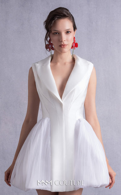 MNM Couture GOS2525 Off-white mikado piqu� jacket dress with tailored bodice, sharp lapels, and couture pliss� tulle side details. | Couture Shop LA