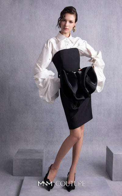 MNM Couture GOS2526 Black piqué pencil skirt with organza manipulation and off-white taffeta blouse with exaggerated puffed sleeves. | Couture Shop LA