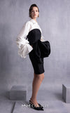 MNM Couture GOS2526 Black piqué pencil skirt with organza manipulation and off-white taffeta blouse with exaggerated puffed sleeves. | Couture Shop LA