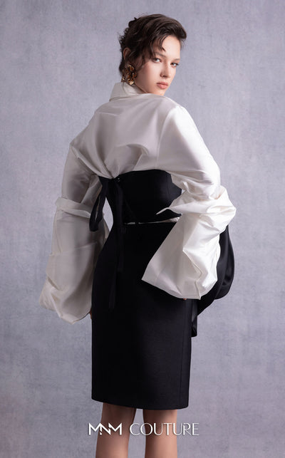MNM Couture GOS2526 Black piqué pencil skirt with organza manipulation and off-white taffeta blouse with exaggerated puffed sleeves. | Couture Shop LA