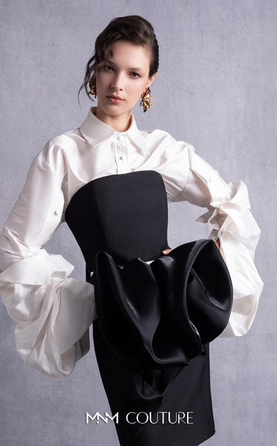 MNM Couture GOS2526 Black piqué pencil skirt with organza manipulation and off-white taffeta blouse with exaggerated puffed sleeves. | Couture Shop LA