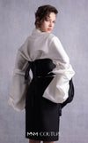 MNM Couture GOS2526 Black piqué pencil skirt with organza manipulation and off-white taffeta blouse with exaggerated puffed sleeves. | Couture Shop LA