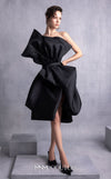 MNM Couture GOS2528 Black organza cocktail dress with asymmetric neckline, sculptural draping, and cinched waistline. | Couture Shop LA