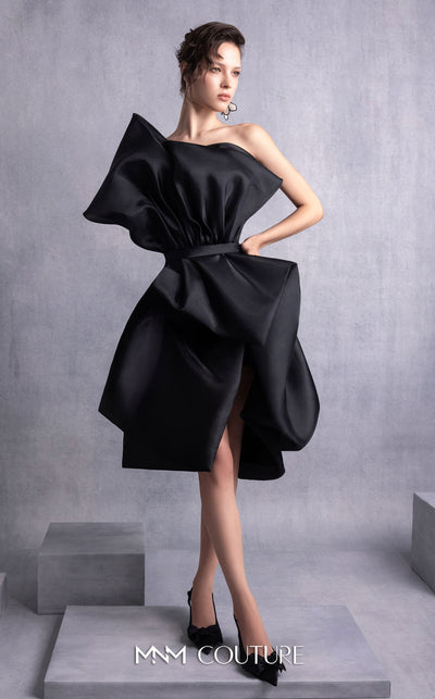 MNM Couture GOS2528 Black organza cocktail dress with asymmetric neckline, sculptural draping, and cinched waistline. | Couture Shop LA