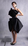 MNM Couture GOS2528 Black organza cocktail dress with asymmetric neckline, sculptural draping, and cinched waistline. | Couture Shop LA