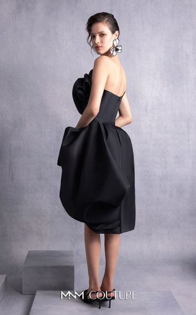 MNM Couture GOS2528 Black organza cocktail dress with asymmetric neckline, sculptural draping, and cinched waistline. | Couture Shop LA