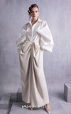 MNM Couture GOS2529 Nude crepe palazzo pants with wide legs and soft pink taffeta blouse with cascading ruffled sleeves. | Couture Shop LA
