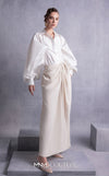 MNM Couture GOS2529 Nude crepe palazzo pants with wide legs and soft pink taffeta blouse with cascading ruffled sleeves. | Couture Shop LA