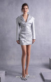 MNM Couture GOS2530 Metallic silver jacket dress with structured shoulders, sharp lapels, and ruched detailing. | Couture Shop LA