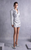 MNM Couture GOS2530 Metallic silver jacket dress with structured shoulders, sharp lapels, and ruched detailing. | Couture Shop LA