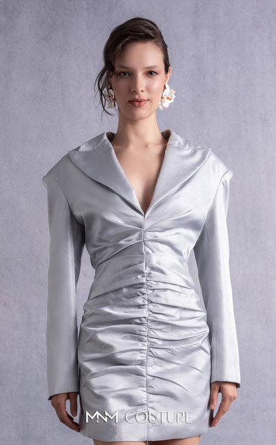 MNM Couture GOS2530 Metallic silver jacket dress with structured shoulders, sharp lapels, and ruched detailing. | Couture Shop LA
