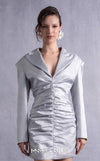 MNM Couture GOS2530 Metallic silver jacket dress with structured shoulders, sharp lapels, and ruched detailing. | Couture Shop LA