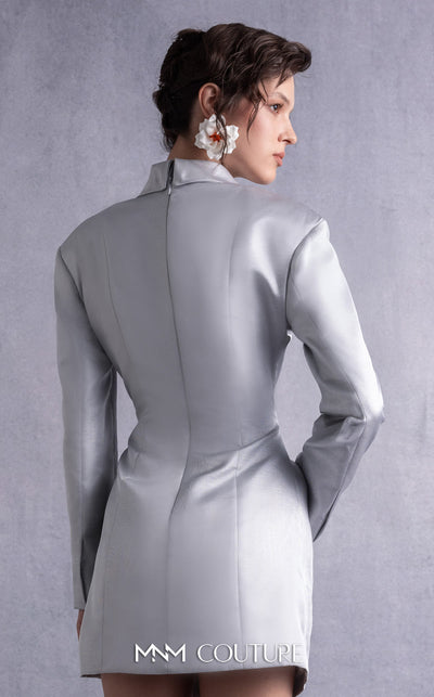 MNM Couture GOS2530 Metallic silver jacket dress with structured shoulders, sharp lapels, and ruched detailing. | Couture Shop LA