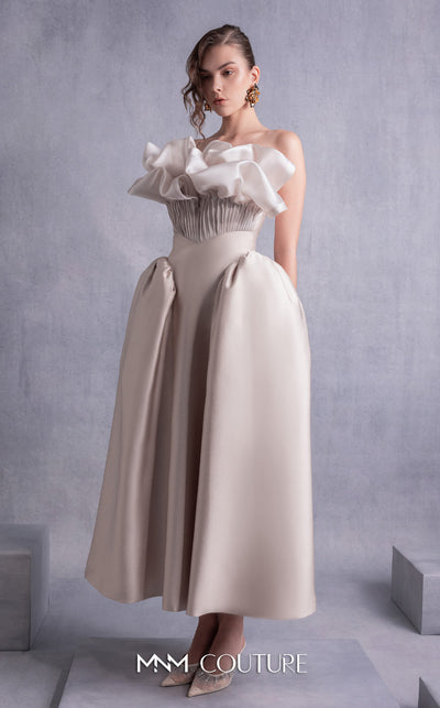 MNM Couture GOS2531 High-waist piqué midi skirt with flared silhouette and pleated gold organza corset top with dramatic ruffled detailing. | Couture Shop LA