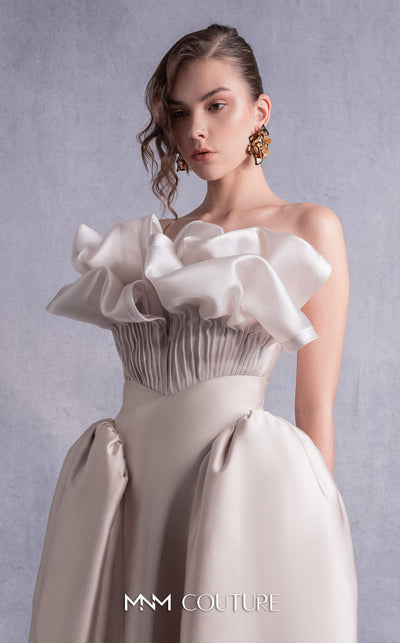 MNM Couture GOS2531 High-waist piqué midi skirt with flared silhouette and pleated gold organza corset top with dramatic ruffled detailing. | Couture Shop LA