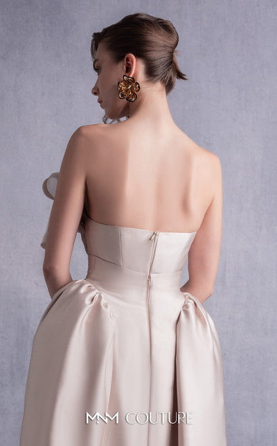MNM Couture GOS2531 High-waist piqué midi skirt with flared silhouette and pleated gold organza corset top with dramatic ruffled detailing. | Couture Shop LA