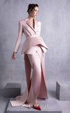 MNM Couture GOS2532 Pink razmir layered skirt with flowing panels and matching jacket with structured peplum belt and long train. | Couture Shop LA