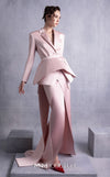 MNM Couture GOS2532 Pink razmir layered skirt with flowing panels and matching jacket with structured peplum belt and long train. | Couture Shop LA