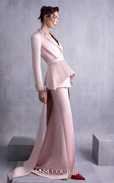 MNM Couture GOS2532 Pink razmir layered skirt with flowing panels and matching jacket with structured peplum belt and long train. | Couture Shop LA