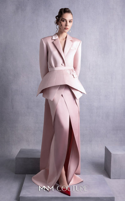MNM Couture GOS2532 Pink razmir layered skirt with flowing panels and matching jacket with structured peplum belt and long train. | Couture Shop LA