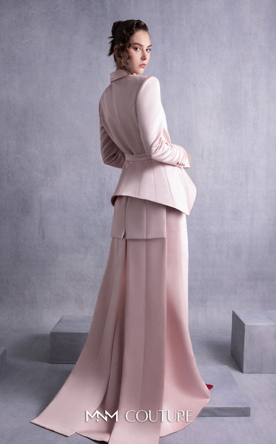 MNM Couture GOS2532 Pink razmir layered skirt with flowing panels and matching jacket with structured peplum belt and long train. | Couture Shop LA