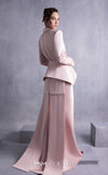 MNM Couture GOS2532 Pink razmir layered skirt with flowing panels and matching jacket with structured peplum belt and long train. | Couture Shop LA