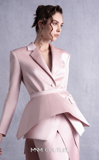 MNM Couture GOS2532 Pink razmir layered skirt with flowing panels and matching jacket with structured peplum belt and long train. | Couture Shop LA