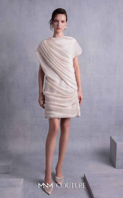 MNM Couture GOS2533 Sheer gold champagne lam� organza dress with draped design and elegant low back. | Couture Shop LA