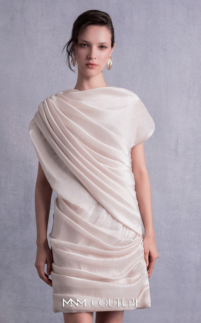 MNM Couture GOS2533 Sheer gold champagne lam� organza dress with draped design and elegant low back. | Couture Shop LA