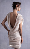 MNM Couture GOS2533 Sheer gold champagne lamé organza dress with draped design and elegant low back. | Couture Shop LA