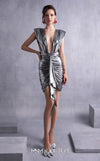 MNM Couture GOS2534 Metallic silver cocktail dress with angular shoulders, deep V-neckline, and bold ruching. | Couture Shop LA