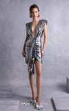 MNM Couture GOS2534 Metallic silver cocktail dress with angular shoulders, deep V-neckline, and bold ruching. | Couture Shop LA