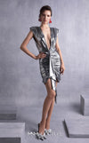 MNM Couture GOS2534 Metallic silver cocktail dress with angular shoulders, deep V-neckline, and bold ruching. | Couture Shop LA