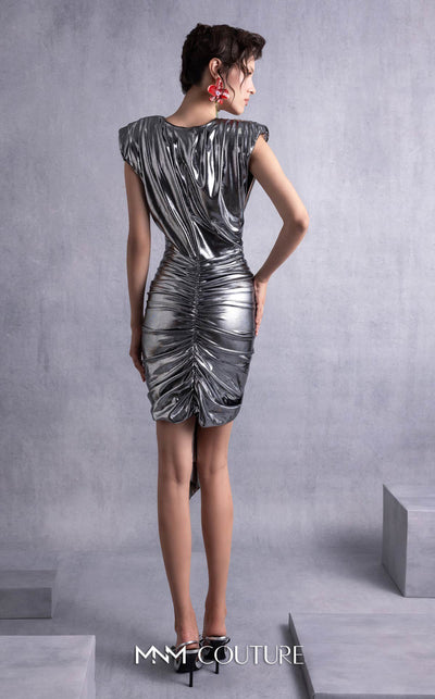 MNM Couture GOS2534 Metallic silver cocktail dress with angular shoulders, deep V-neckline, and bold ruching. | Couture Shop LA