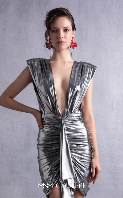 MNM Couture GOS2534 Metallic silver cocktail dress with angular shoulders, deep V-neckline, and bold ruching. | Couture Shop LA
