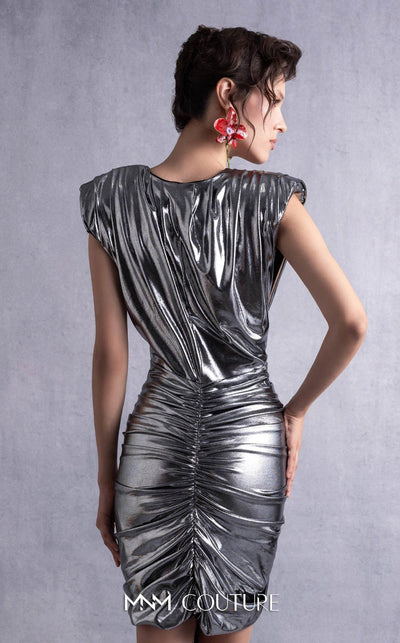 MNM Couture GOS2534 Metallic silver cocktail dress with angular shoulders, deep V-neckline, and bold ruching. | Couture Shop LA