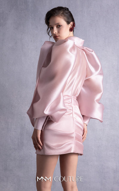 MNM Couture GOS2535Pink organza dress with puff sleeves, scarf-like neckline, and draped skirt for a timeless elegant look. | Couture Shop LA