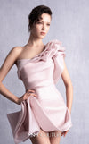 MNM Couture GOS2536 Pink organza mini dress with one-shoulder ruffle design and sculptural layers for a bold yet feminine look. | Couture Shop LA