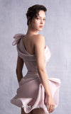 MNM Couture GOS2536 Pink organza mini dress with one-shoulder ruffle design and sculptural layers for a bold yet feminine look. | Couture Shop LA
