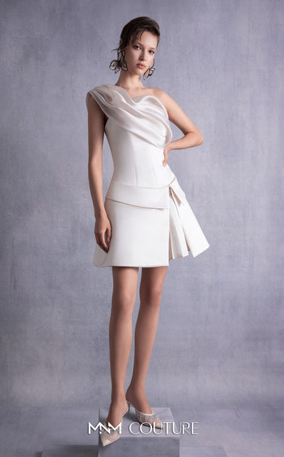 MNM Couture GOS2537 Ivory satin short dress with corset-style bodice and draped organza one-shoulder overlay. | Couture Shop LA
