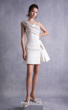 MNM Couture GOS2537 Ivory satin short dress with corset-style bodice and draped organza one-shoulder overlay. | Couture Shop LA