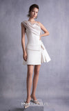 MNM Couture GOS2537 Ivory satin short dress with corset-style bodice and draped organza one-shoulder overlay. | Couture Shop LA