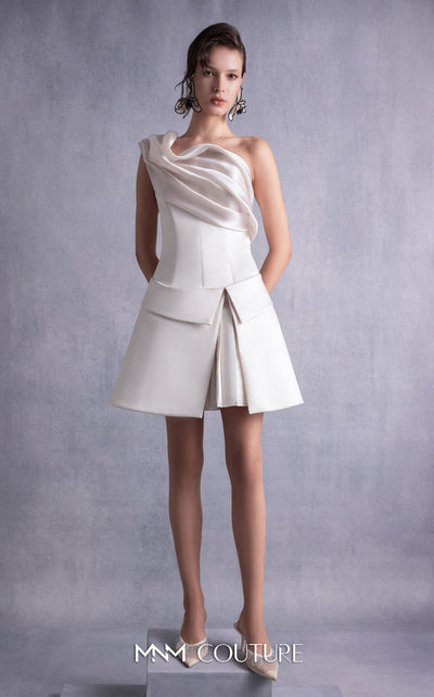 MNM Couture GOS2537 Ivory satin short dress with corset-style bodice and draped organza one-shoulder overlay. | Couture Shop LA