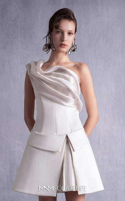 MNM Couture GOS2537 Ivory satin short dress with corset-style bodice and draped organza one-shoulder overlay. | Couture Shop LA