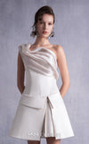 MNM Couture GOS2537 Ivory satin short dress with corset-style bodice and draped organza one-shoulder overlay. | Couture Shop LA