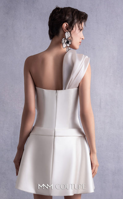 MNM Couture GOS2537 Ivory satin short dress with corset-style bodice and draped organza one-shoulder overlay. | Couture Shop LA