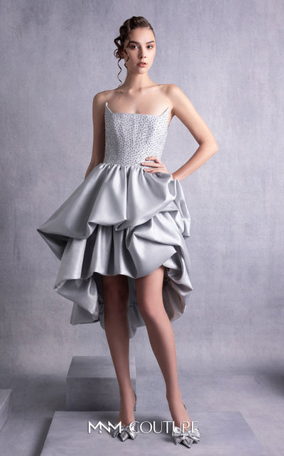MNM Couture GOS2538 Silver mikado piqué strapless dress with angled bust design and layered ruffled skirt. | Couture Shop LA
