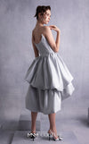 MNM Couture GOS2538 Silver mikado piqué strapless dress with angled bust design and layered ruffled skirt. | Couture Shop LA