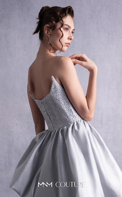 MNM Couture GOS2538 Silver mikado piqué strapless dress with angled bust design and layered ruffled skirt. | Couture Shop LA