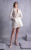 MNM Couture GOS2539 Pleated gold champagne razmir skirt with draped accents and cropped razmir jacket with tailored lapels. | Couture Shop LA
